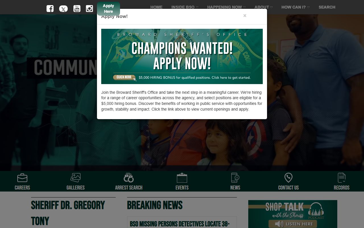 Broward Sheriff's Office homepage for Broward County arrest records access