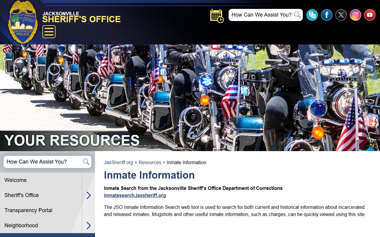 Jacksonville Sheriff's Office inmate resources page for Duval County arrest records