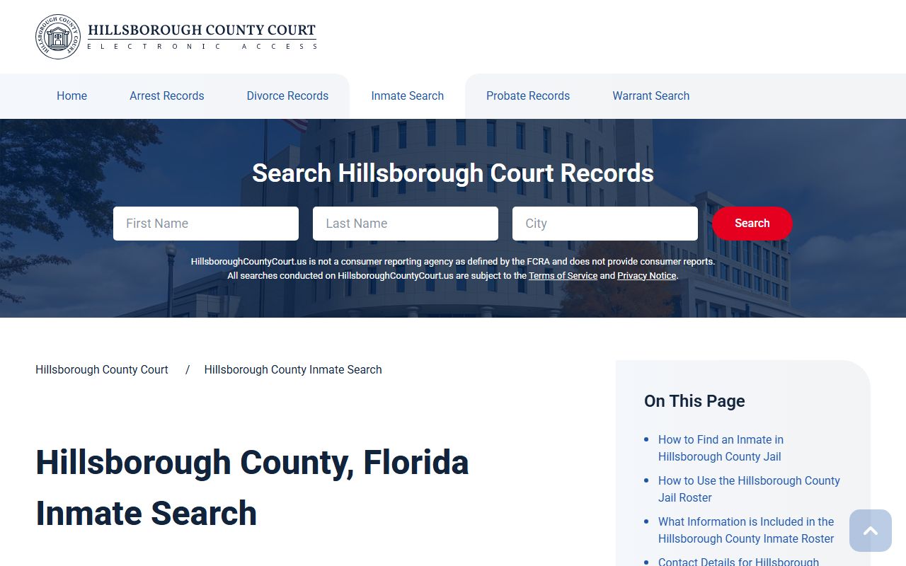 Hillsborough County inmate search portal for arrest records