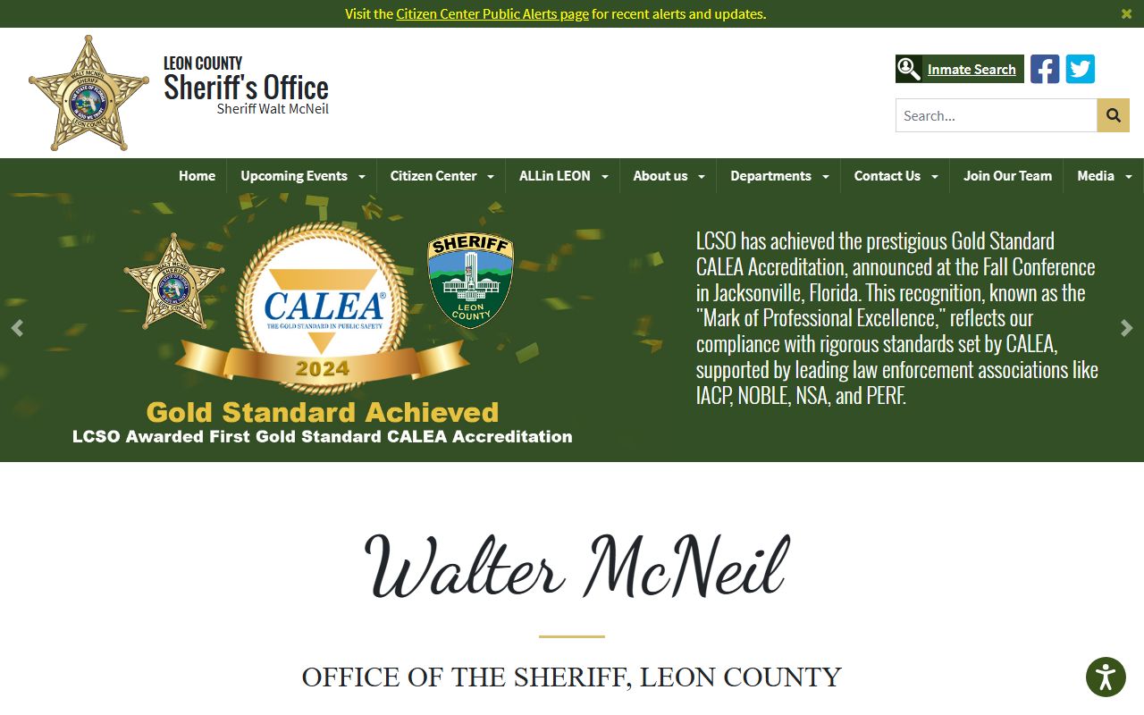 Leon County Sheriff's Office homepage for arrest records in Tallahassee