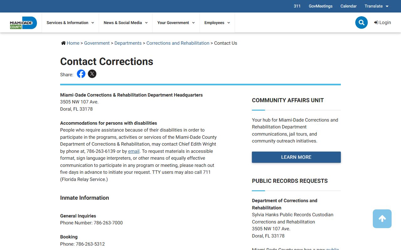 Miami-Dade County Corrections contact information for arrest records