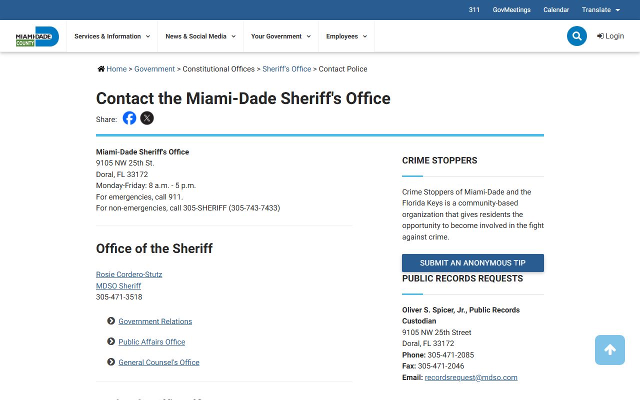 Miami-Dade County Sheriff's Office contact page for arrest records requests