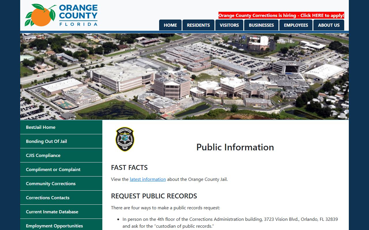 Orange County Corrections public information page for arrest records requests