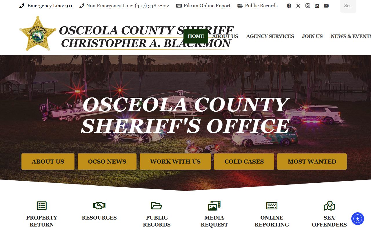 Osceola County Sheriff's Office homepage for arrest records in Kissimmee