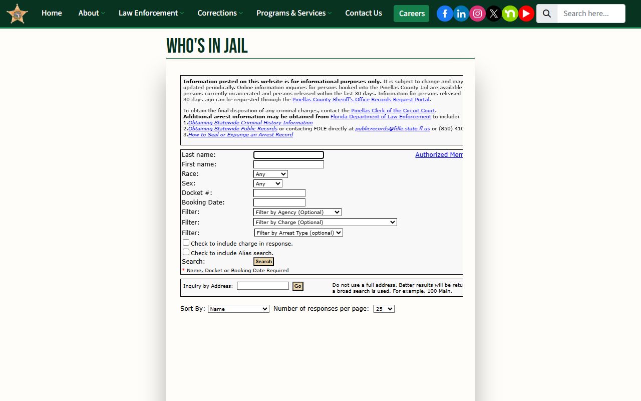 Pinellas County Sheriff inmate search tool for arrest records lookup