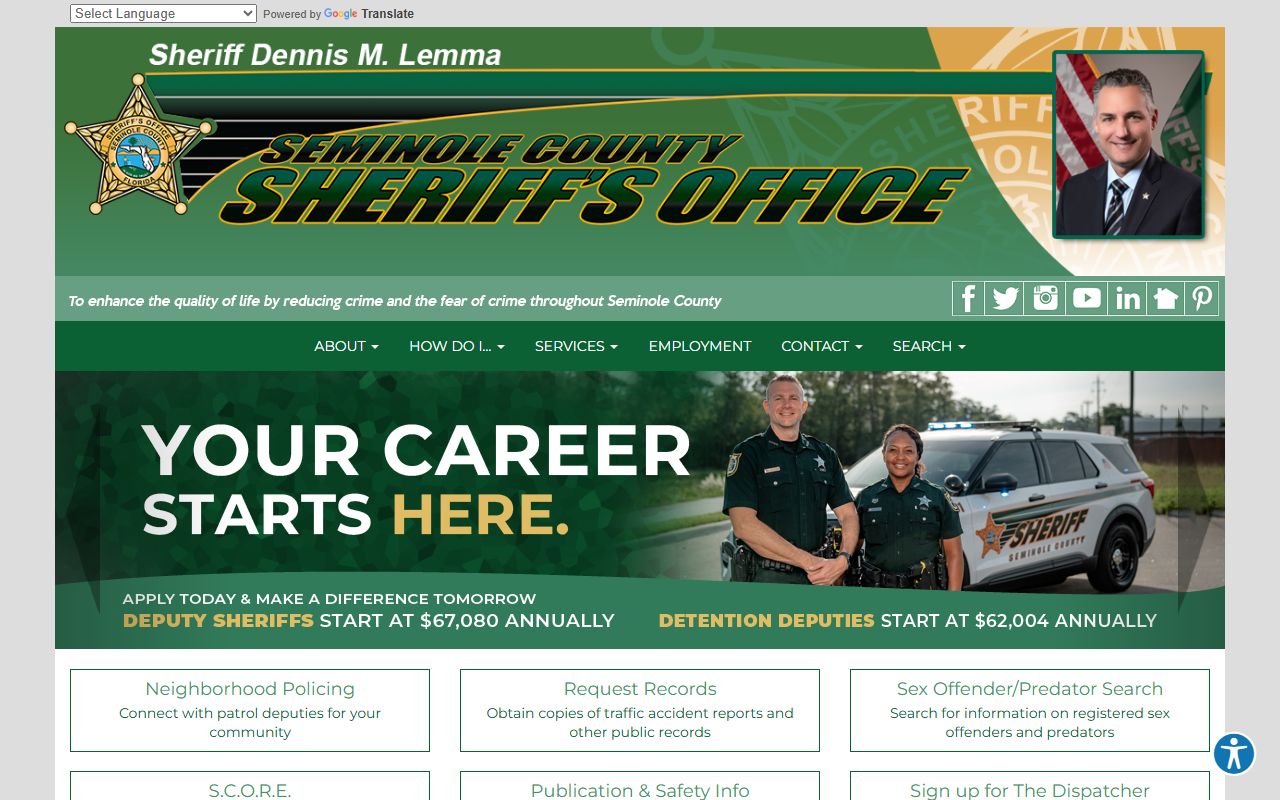 Seminole County Sheriff's Office homepage for arrest records search