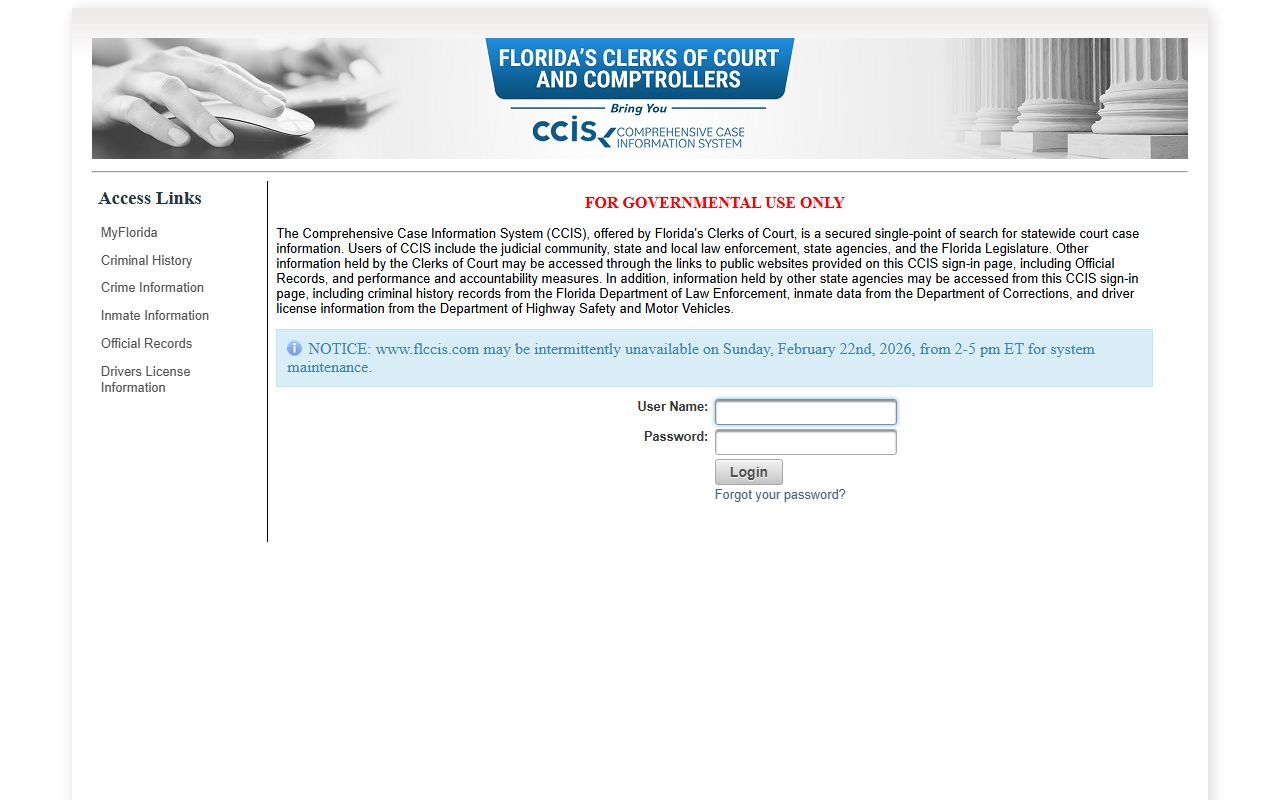 CCIS statewide court case system for Florida arrest records