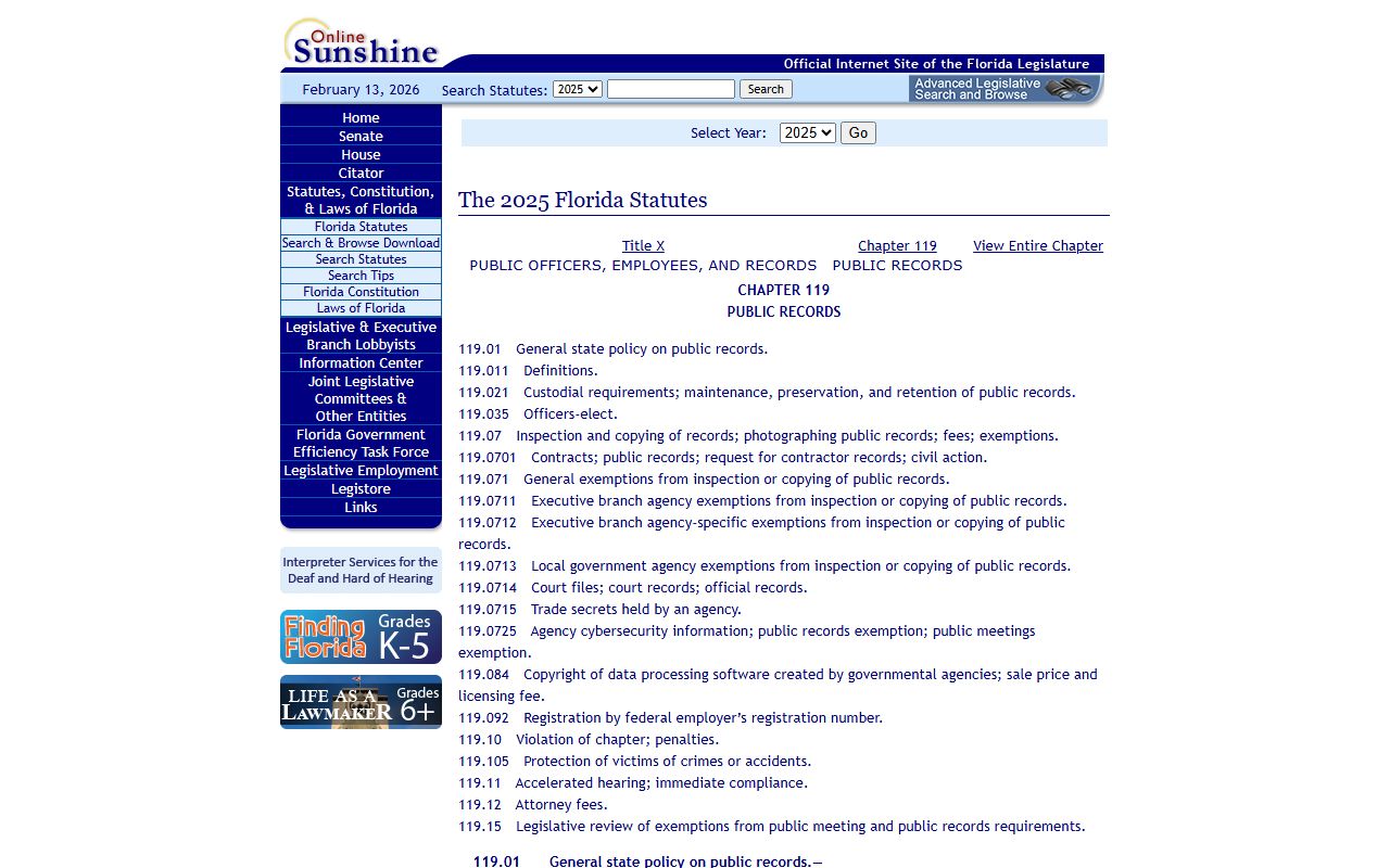 Chapter 119 Florida Statutes governing public arrest records access