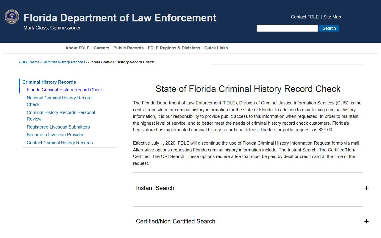 FDLE Criminal History Check page for Florida arrest records