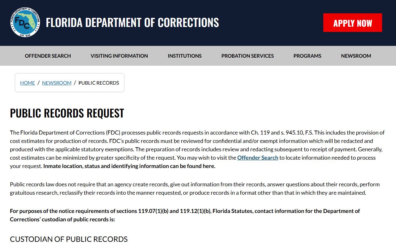 FDC public records request page for Florida arrest records