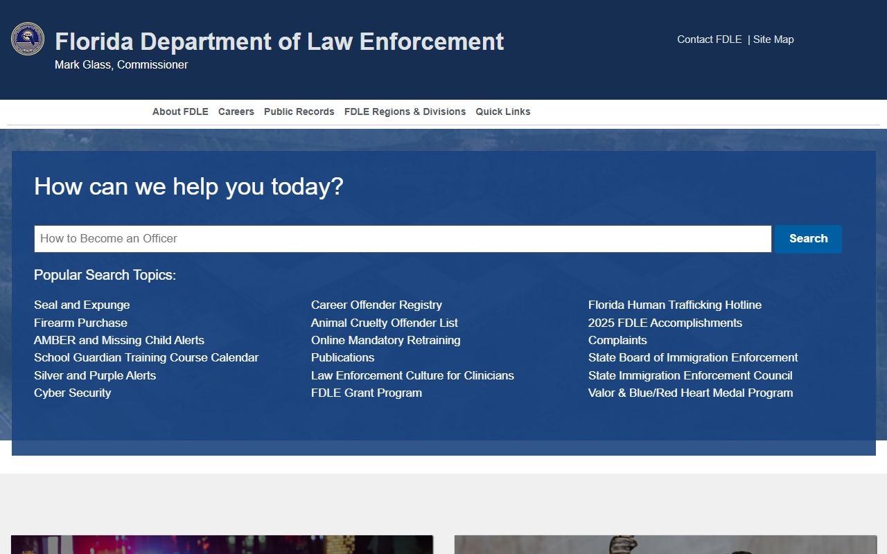 FDLE homepage for searching Florida arrest records