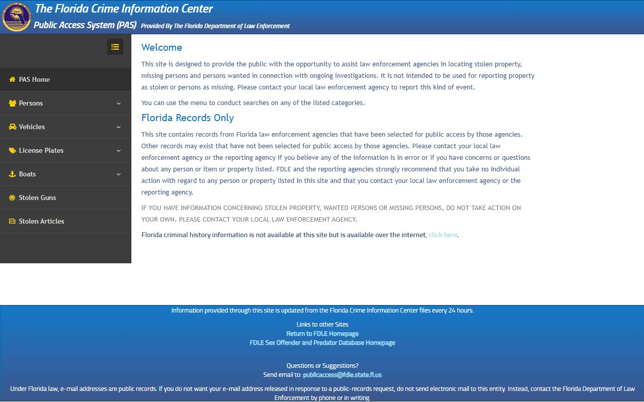 FDLE Public Access System for Florida arrest records search