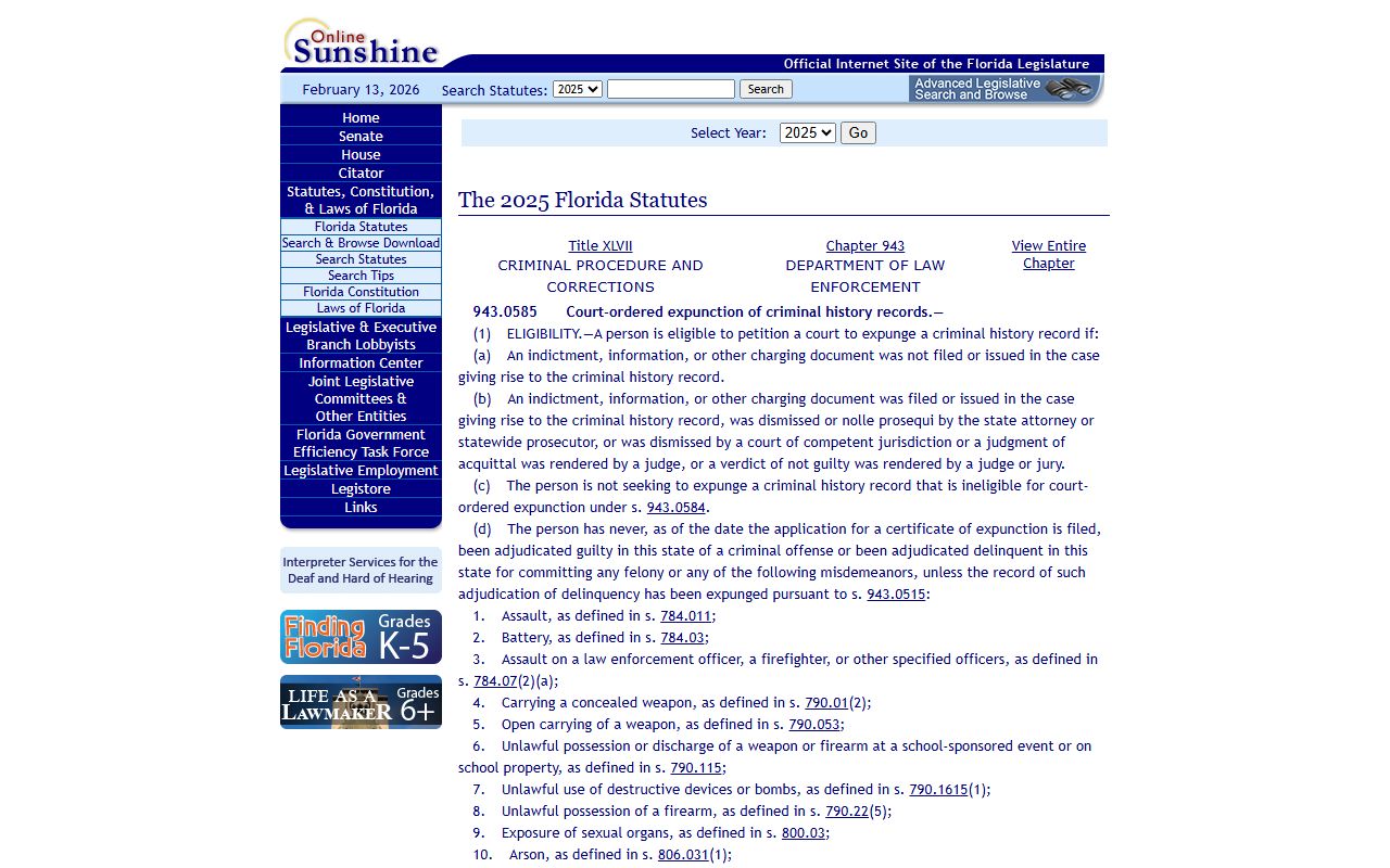 Section 943.0585 Florida Statutes for expunging arrest records